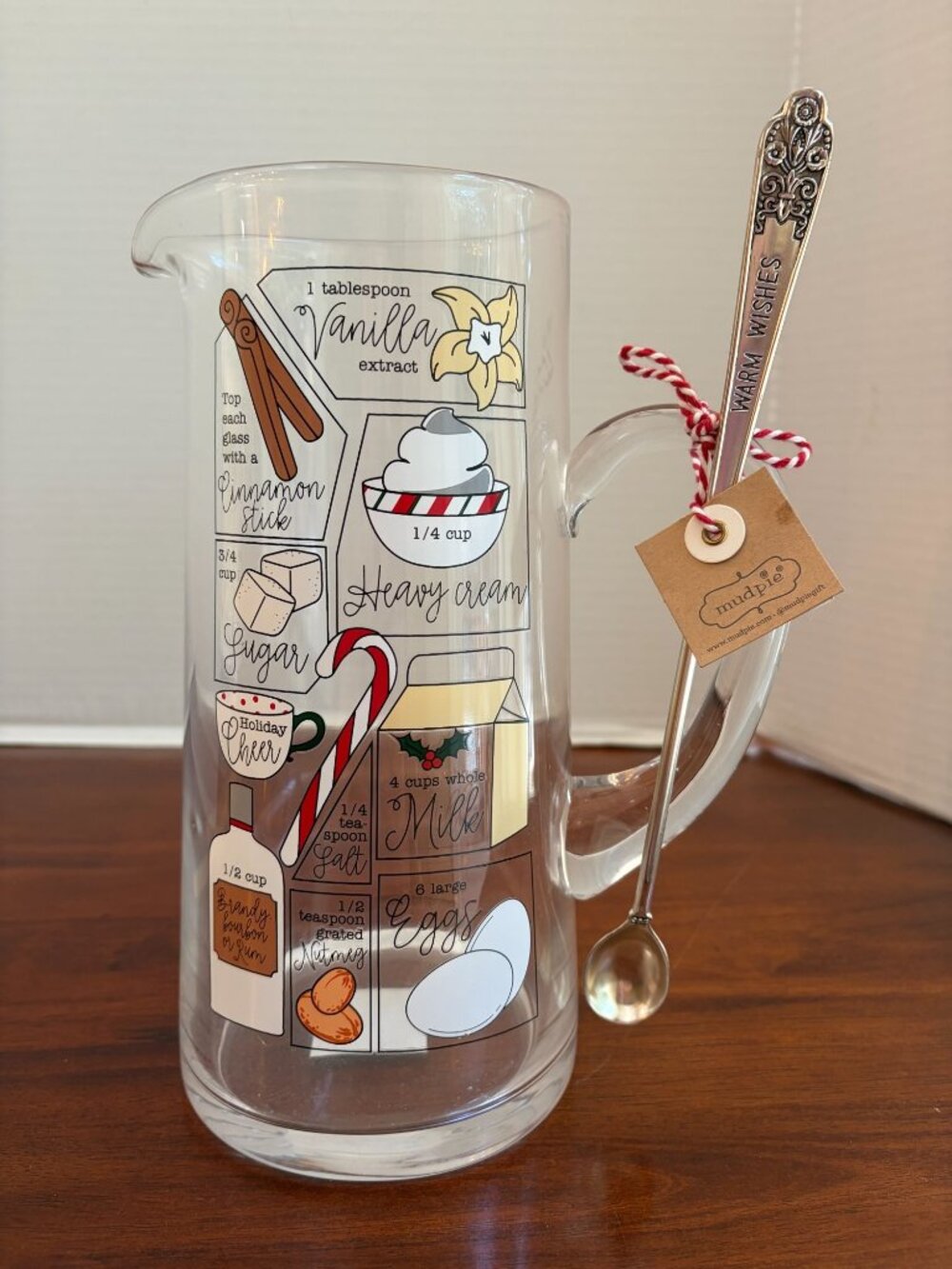 Mud Pie 67 Ounce Christmas Eggnog Ingredients Pitcher Set, Includes Stirring Spo